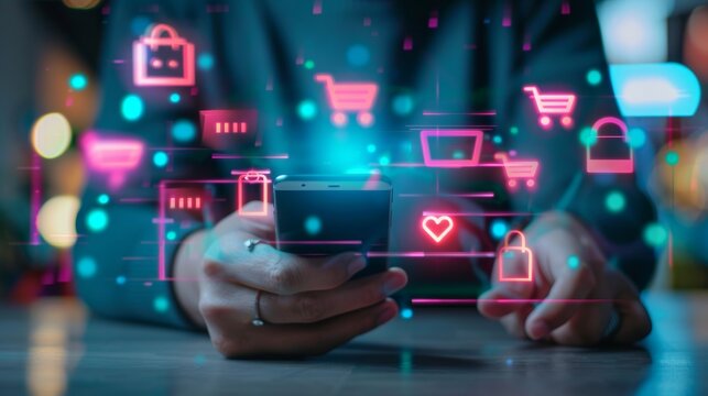 Person using mobile phone for online shopping with holographic shopping icons in background