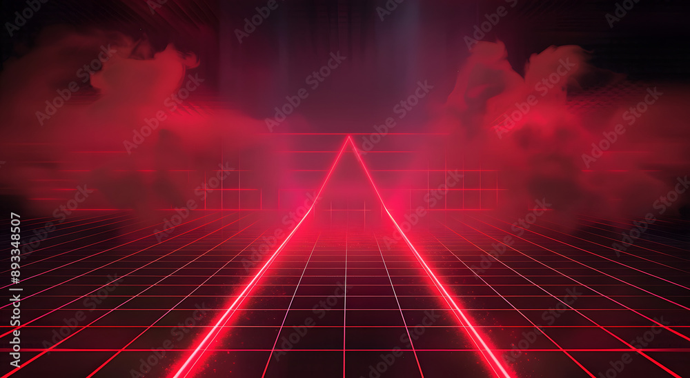 Poster Abstract black red gaming background with modern luxury grid pattern retro vapor synthwave smoke fog, neon red light ray and triangle stripes line paper cut style