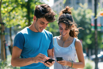 Young man and woman using fitness bracelets to monitor their health while jogging in the city.