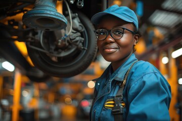 Woman repairing a car in auto repair shop. Smiley young African American woman standing in her car repair workshop and looking at camera.