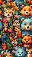 Naklejka premium Beautiful seamless vector floral pattern with animals and tropical leaves flowers, spring summer background, palm leaves, jungle leaf, Wild animals, bird, Exotic wallpaper, Hawaiian, watercolor style