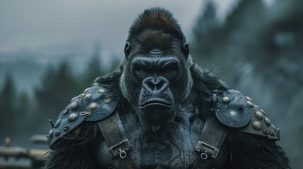 Fototapeta premium A close-up of a gorilla in Viking armor, detailed view of the leather and metal mix, fierce and determined expression