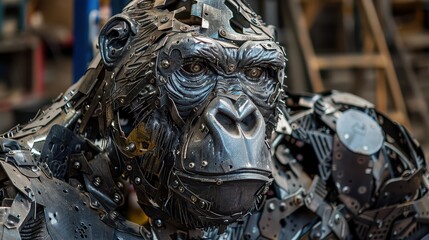 Fototapeta premium A close-up of a gorilla sculpture made from scrap metal, detailed view of the intricate metal pieces forming the face and body