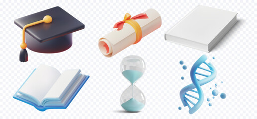 Educational 3D Icons Set with Graduation Cap, Diploma, Book, Hourglass, and DNA Symbol. Academic and Learning Concept Illustration