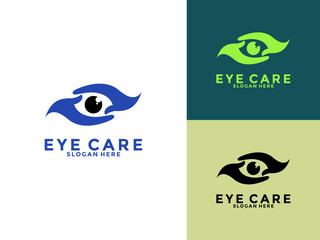Creative Care Eye Concept Logo Design Template, modern Eye Vision Logo Design with hand care icon vector