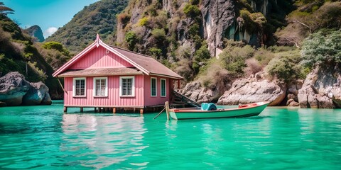 Obraz premium The landscape of a pink house near a lake in the mountains, a bright green lake and a boat, nature, the comfort of wallpaper background architecture