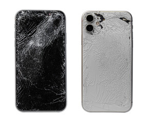 Broken cracked curved phone smartphone closeup isolated on transparent background with shadow,...