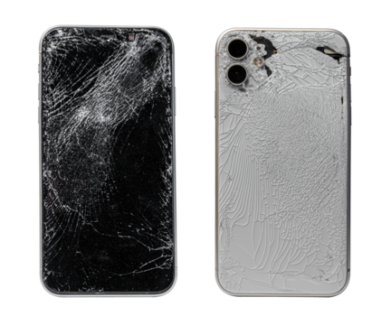 Broken cracked curved phone smartphone closeup isolated on transparent background with shadow, front and rear view. On the phone smartphone sat on and broke.
