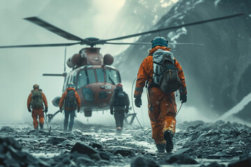 Fototapeta premium A group of rescuers and a rescue helicopter in the mountains. Generated by artificial intelligence