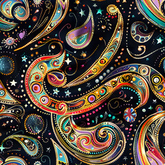 Colorful paisley pattern decorating black fabric with sequins and beads