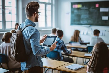 Engaging Classroom Learning: Teacher Using Tablet for Educational Videos