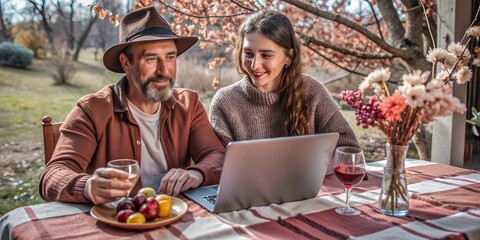 A man in a hat and a woman sitting at a table with a laptop in a garden with flowers