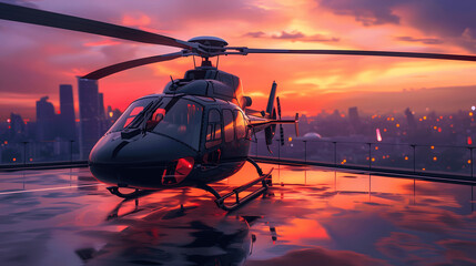 Sleek black helicopter on private helipad at sunset