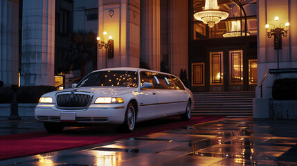 White limousine parked in front of upscale hotel entrance