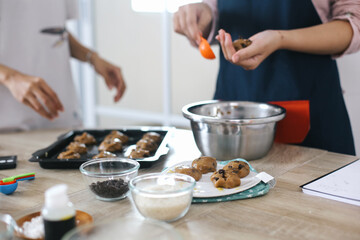 Cake Dough Into Round Shape With Hands. Preparation For Making Cookies
