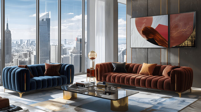 Living room with velvet sofa and glass coffee table