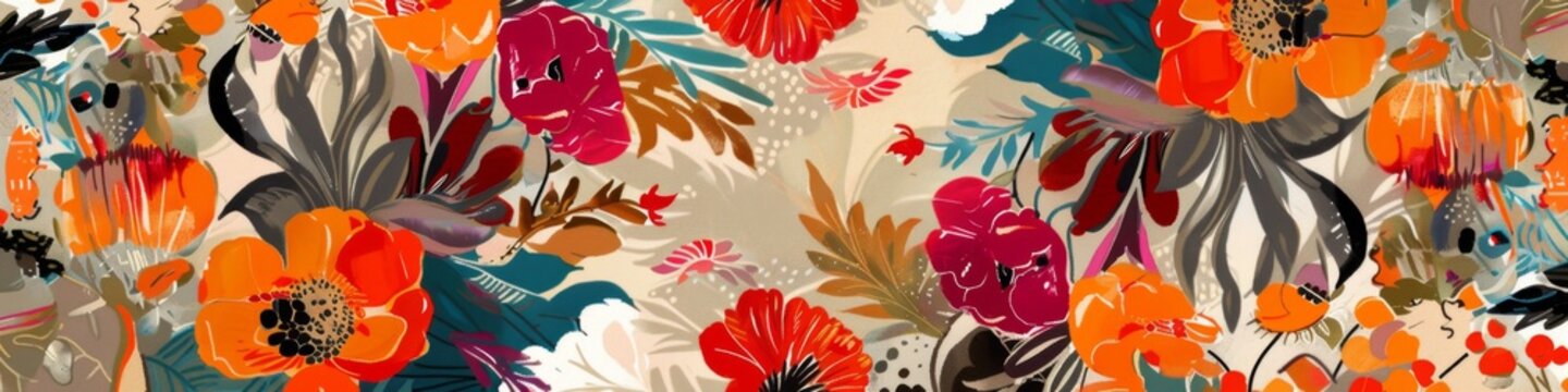 Vibrant Floral Ikat Design: Digital Textile Fusion of Cultural Patterns for Luxurious Silk Scarf. Unique Concept Blending Traditional Ikat Technique with Modern Digital Art, Perfect for Fashion and Ho