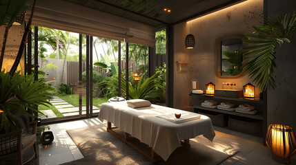 Serene spa treatment room with massage table and garden view