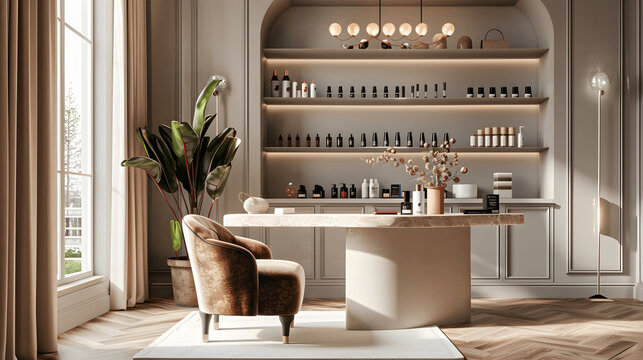 Luxurious nail salon with plush chair and marble table