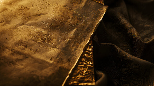 Gold invitation card with elegant calligraphy on velvet surface