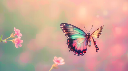 Obraz premium Spiritual Butterfly flying in pink green background with copy space for holistic theme