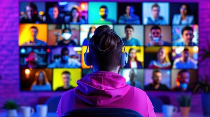 Obraz premium Virtual Conference with Diverse Speakers Presenting Topics via Video Calls