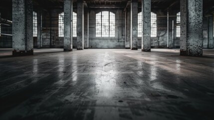 Fototapeta premium The image shows an empty industrial warehouse with concrete pillars and large windows, creating a sense of vastness and abandonment, with light reflecting off the floor.