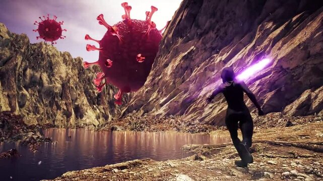 Futuristic ninja attacks coronovirus