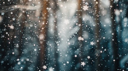 A close-up photograph of falling snowflakes with a blurred forest background