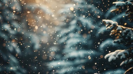 A close-up photograph of falling snowflakes with a blurred forest background