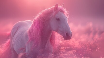 Naklejka premium In a fantastic sky filled with pink clouds and lights, there is a lovely unicorn with colorful horns.