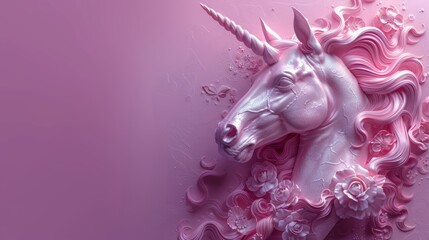 Fototapeta premium In a fantastic sky filled with pink clouds and lights, there is a lovely unicorn with colorful horns.
