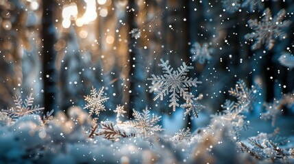 A close-up photograph of intricate snowflakes, with a blurred forest background