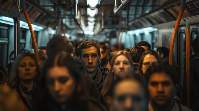 A close-up photograph of office workers, standing tightly packed in a train, after work hours