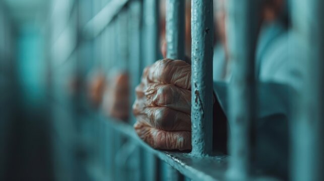 The image captures the frailty of aging with elderly hands firmly grasping onto prison bars, set in a dimly lit cell, evoking themes of confinement, loneliness, and despair.