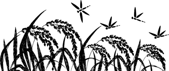 実った稲穂とトンボのシルエットイラスト © エコ