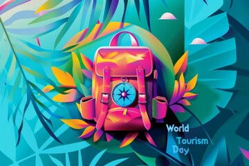 A vibrant illustration featuring a backpack, compass, and tropical leaves with words World Tourism Day