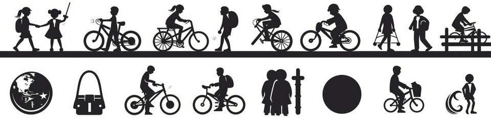 Obraz premium Black icons for school themes, featuring students with bicycles and sports activities.