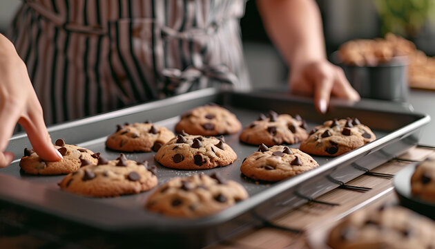 Woman putting baking pan with chocolate chip cookies on table, closeup