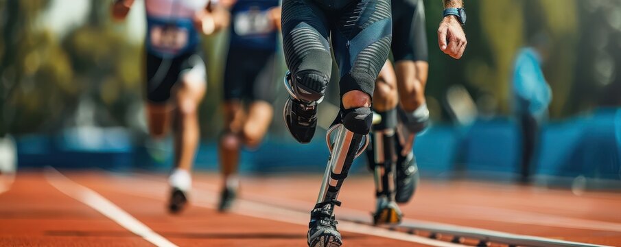 Adaptive sports event with diverse athletes running.