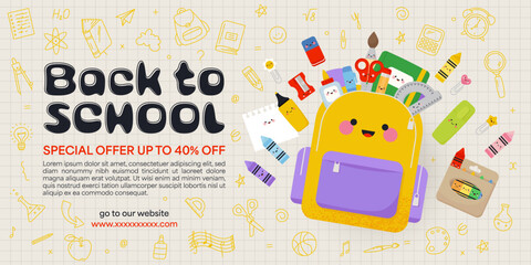 Back to School banner with school supplies. Flat vector Illustration in cute kawaii style