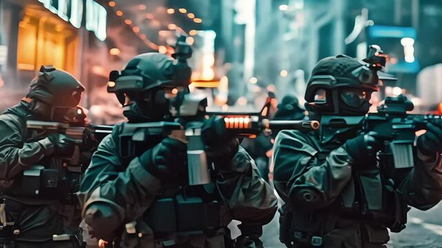 Spec cops police officers in action in the streets of the city. A military special force with futuristic tactical gear and weapons