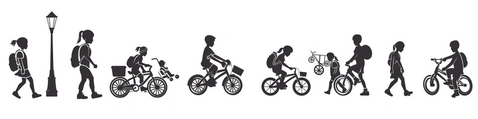 Fototapeta premium Elegant and stylish black icons for education, featuring students with bicycles on white.