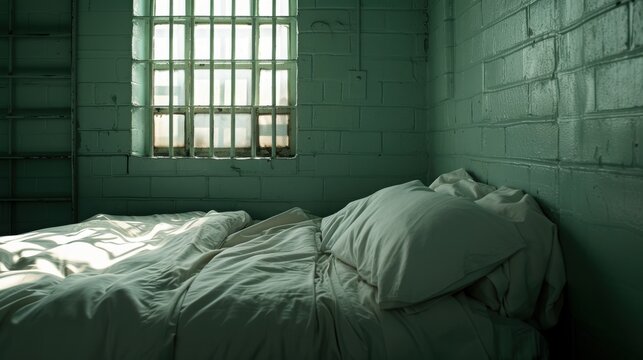 This image shows an empty prison cell with a bed featuring white sheets and a barred window, suggesting themes of confinement and solitude through a stark artistic style.