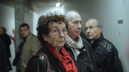 A photograph of individuals, standing closely in a narrow room, close-up view