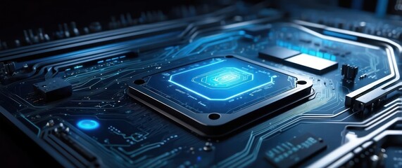 Fototapeta premium Close-up of a modern microchip on a circuit board, conveying advanced technology and innovation in electronics and digital systems.