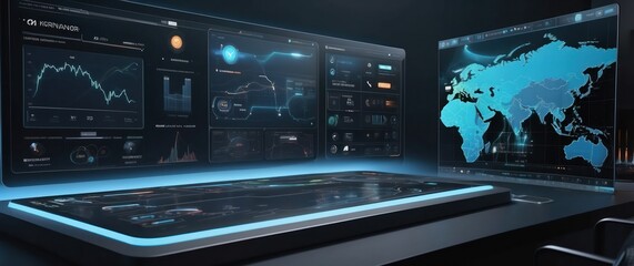 A sleek, futuristic workspace showcasing a high-tech dashboard for data analysis and global insights.