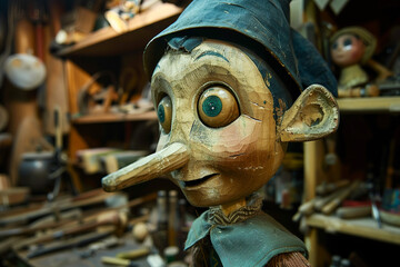 Wooden Puppet in Artisan Workshop, long pinocchio nose, liar