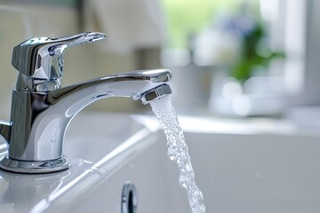 close up of a faucet and water flow on bathroom