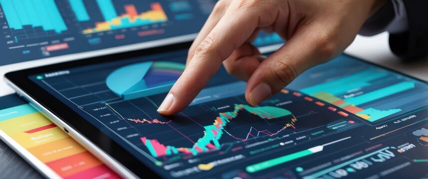 A hand interacting with a financial analytics dashboard on a tablet, showcasing growth trends and data visualization for business insights.
